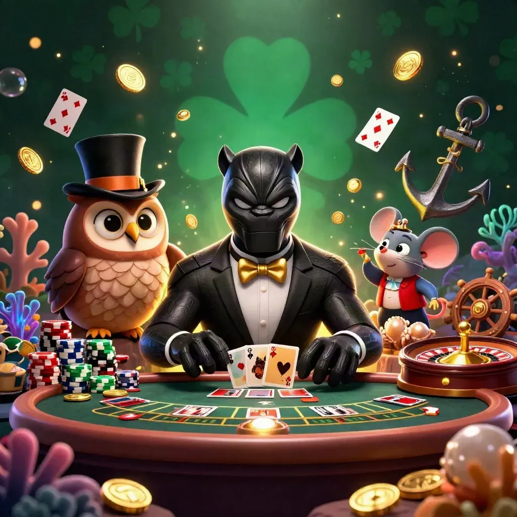 Panther, owl, and mouse in a lavish casino-treasure scene with gold light and emerald felt.