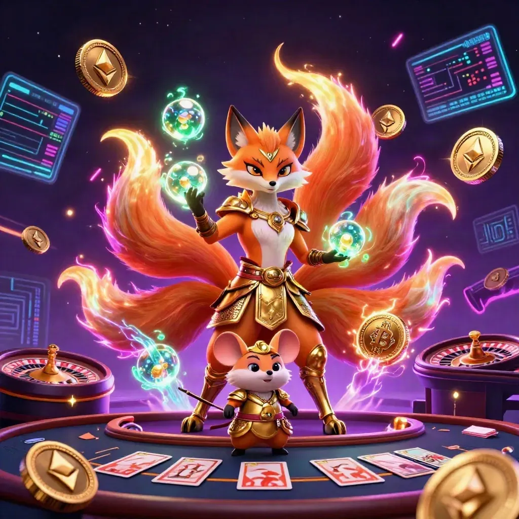 Neon nine-tailed fox spirit and armored mouse amid casino crypto chaos