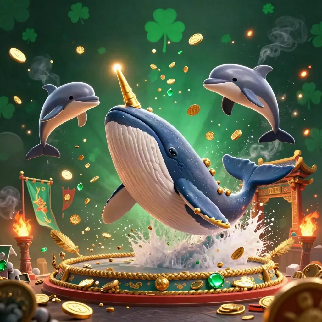 Whale captain, narwhal, and dolphins burst through coins in a luxe casino fantasy.