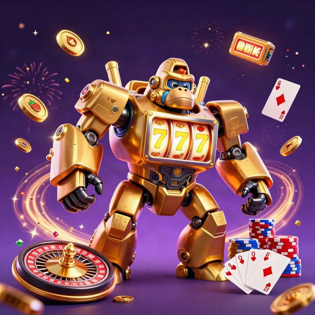 Golden gorilla mech and monkey pilot blast coins, gems, chips, cards and roulette in a neon casino storm.