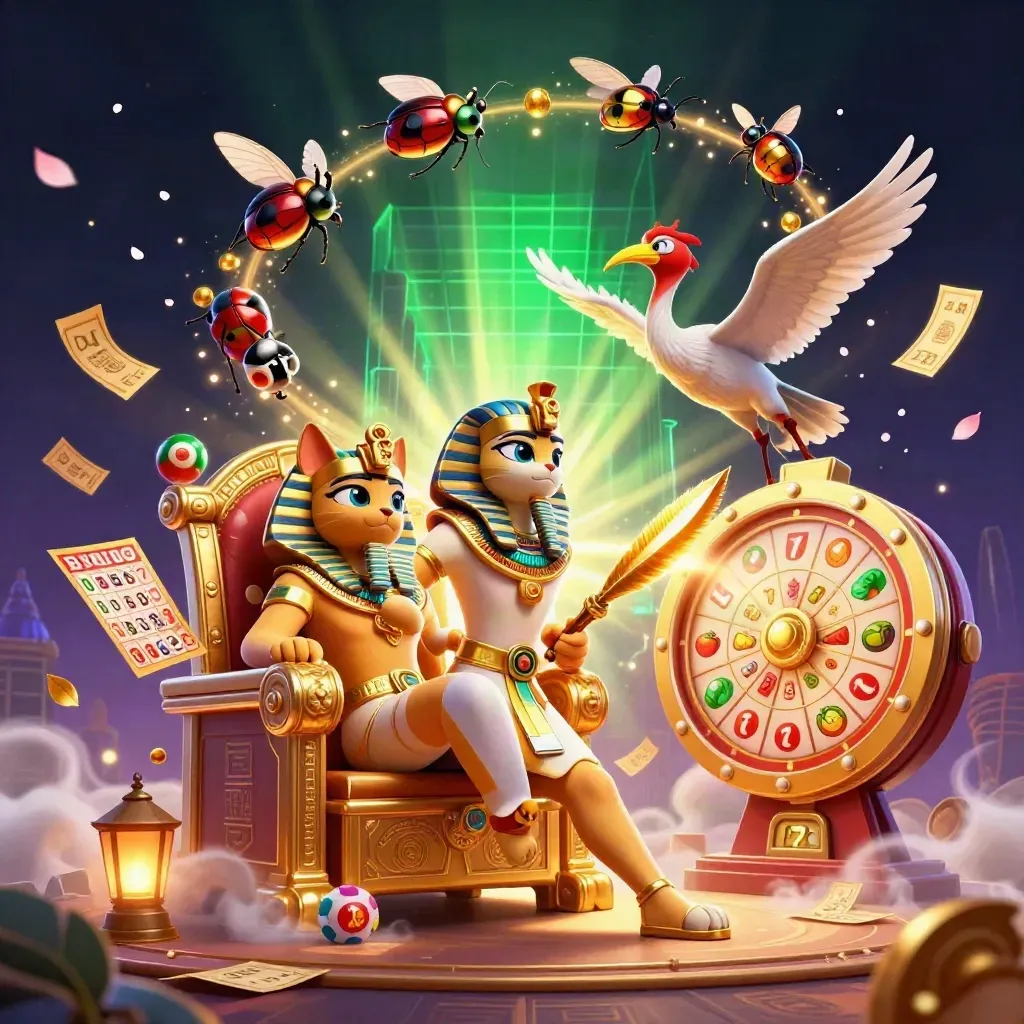 Pharaoh cat on a gold throne with ibis scribe, scarabs, and casino treasures bursting in neon gold.