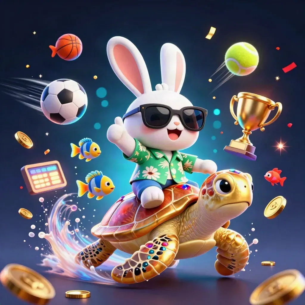Lucky rabbit on a golden sea turtle amid sports balls, trophies, confetti, and fireworks