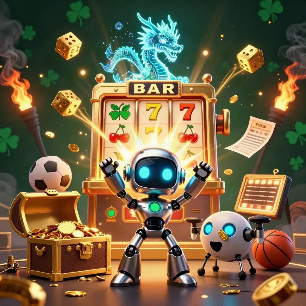 Robot, AI dragon and drone amid jackpot slot burst, gold coins, dice and casino lights.