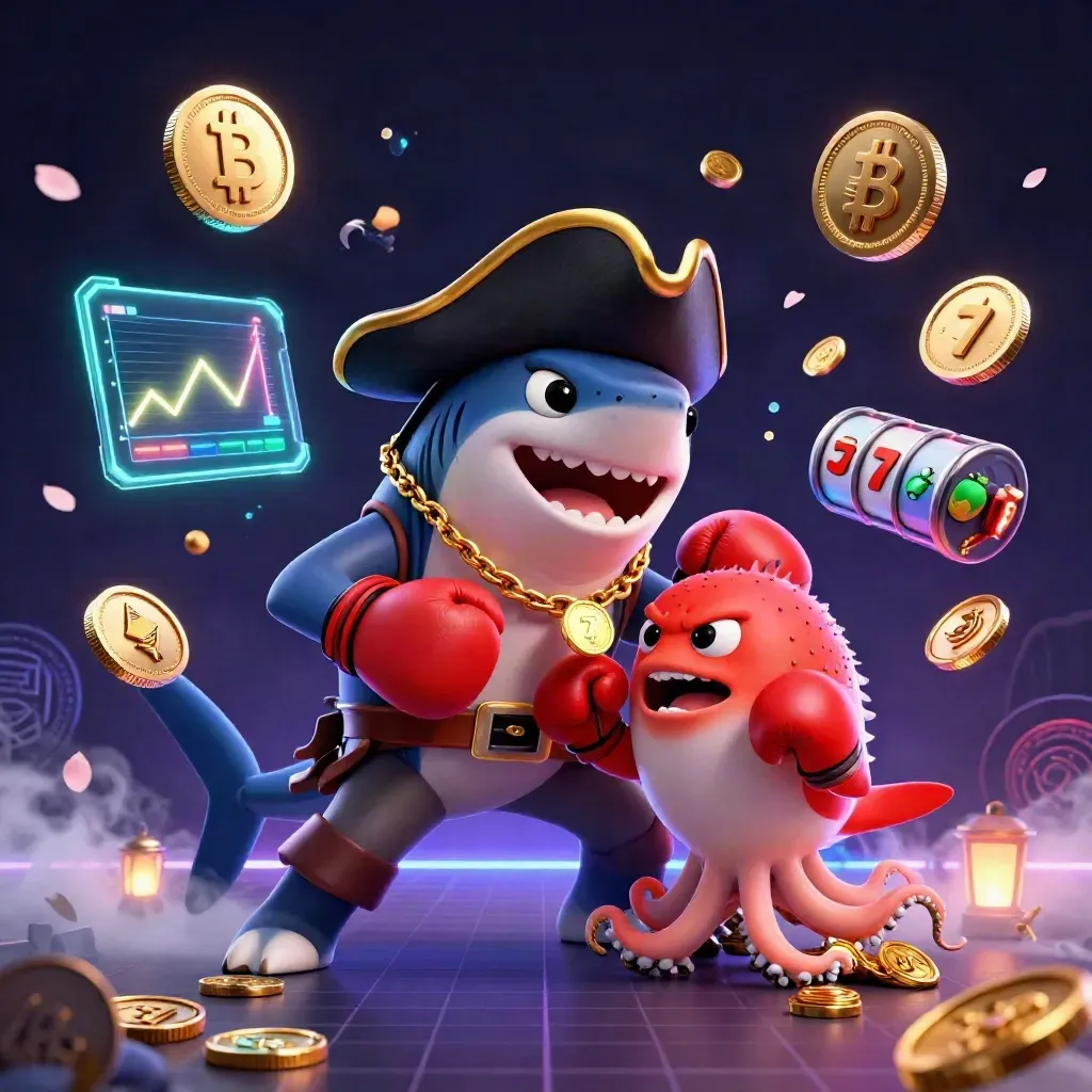 Pirate shark, boxing pufferfish, and coin-juggling octopus amid casino-tech jackpots.
