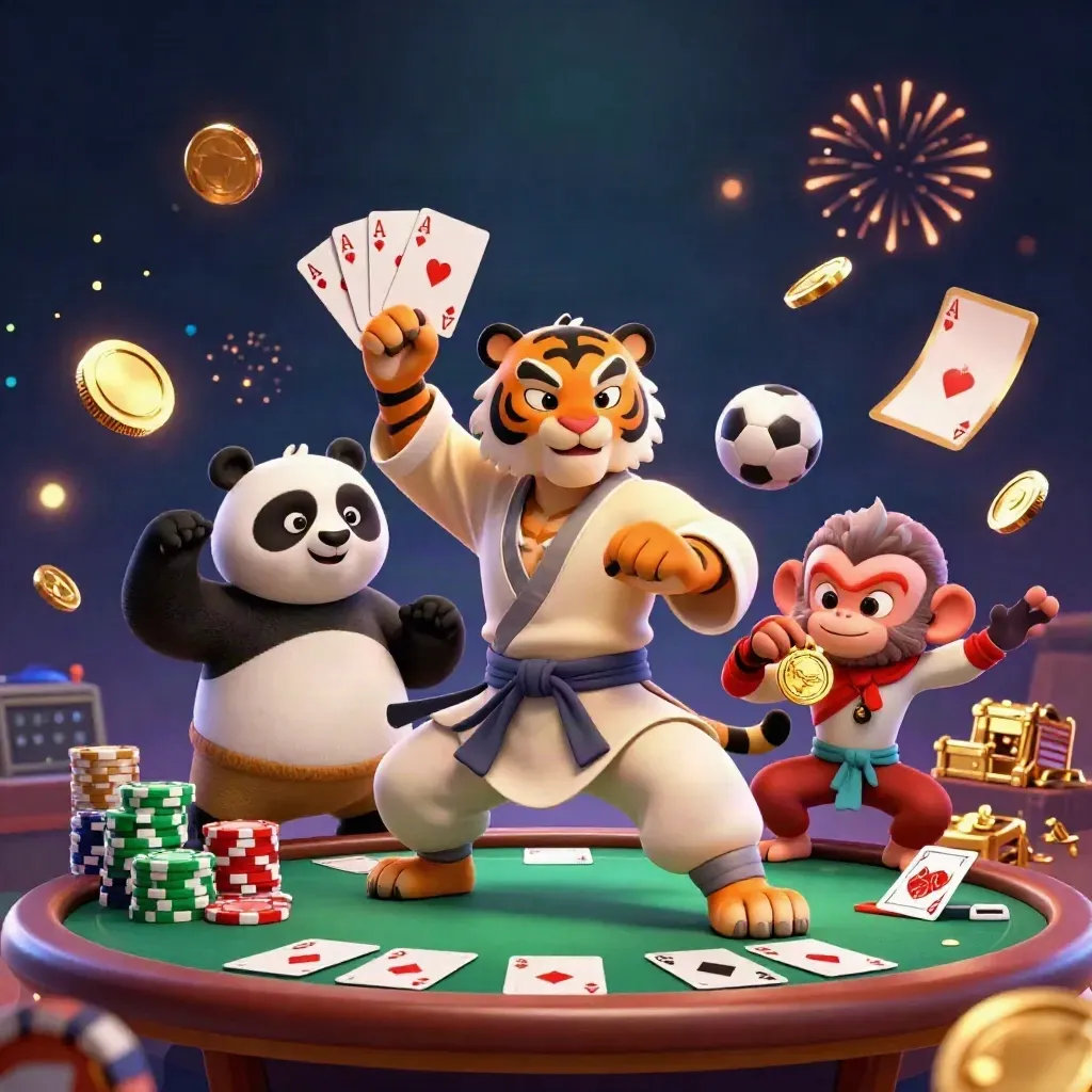 Tiger, panda, and monkey in casino kung-fu action with cards, chips, coins, and fireworks.