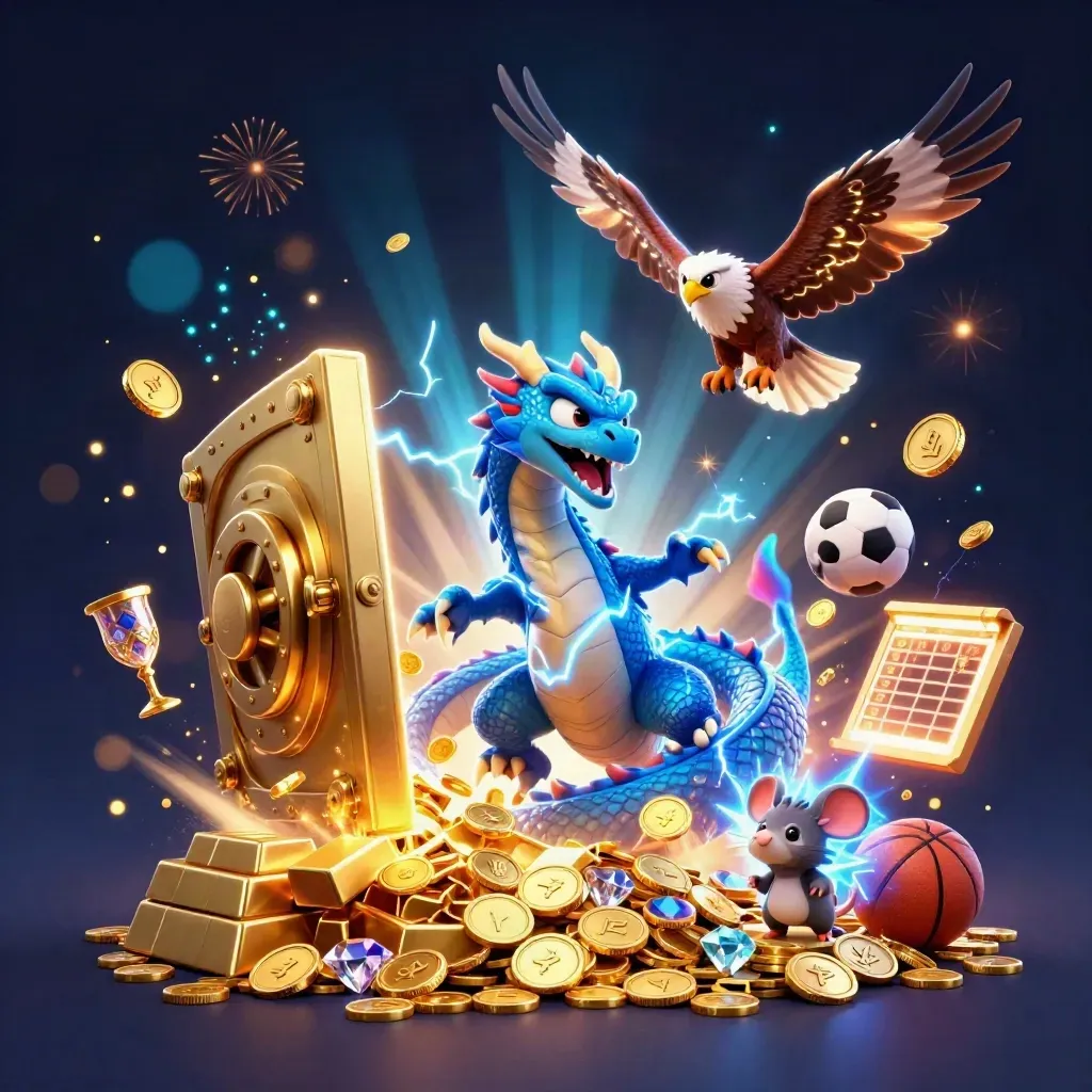Thunder dragon, hawk, and mouse burst from a golden vault with coins and jewels.
