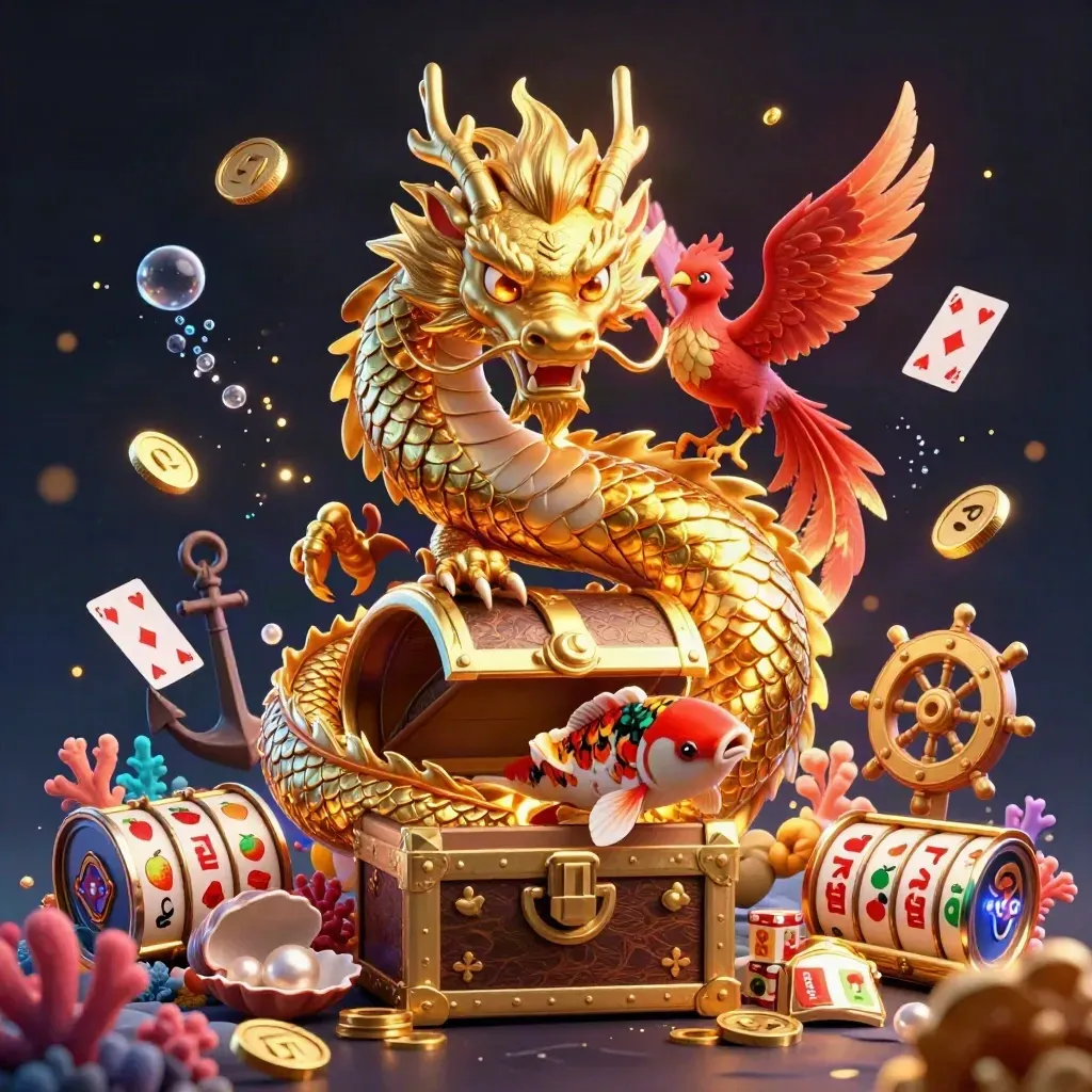 Golden dragon, phoenix, and koi around a treasure chest in a glowing underwater casino cove