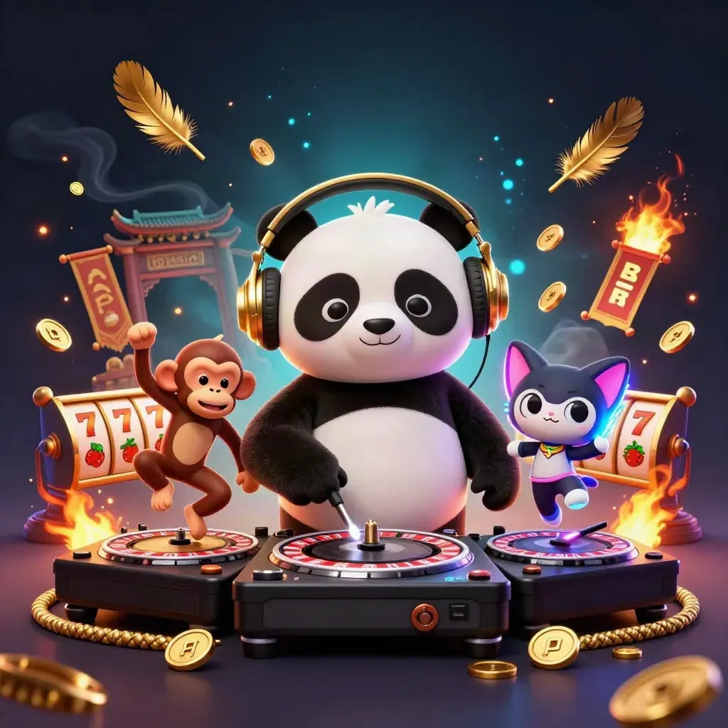 DJ panda, breakdancing monkey, and glow-stick kitten in a luxe blackjack casino action scene.