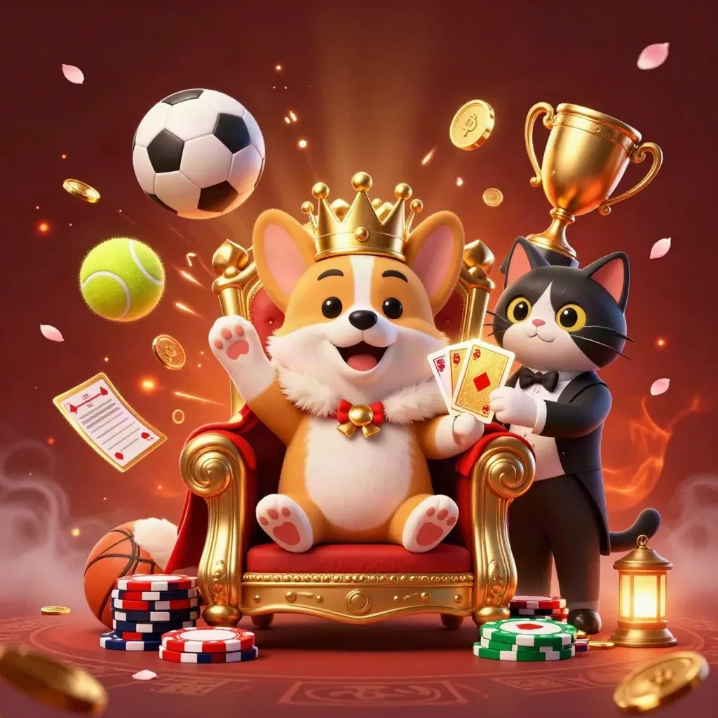 Royal corgi and cat butler amid casino chips, balls, coins, trophy, and glowing golden effects.