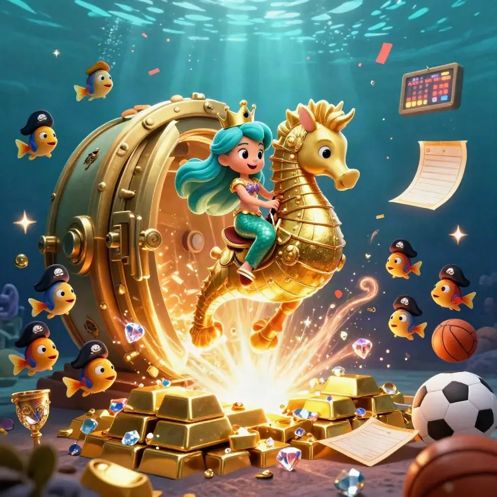 Mermaid princess on a golden seahorse amid pirate fish, vault gold, sparks, and casino glow