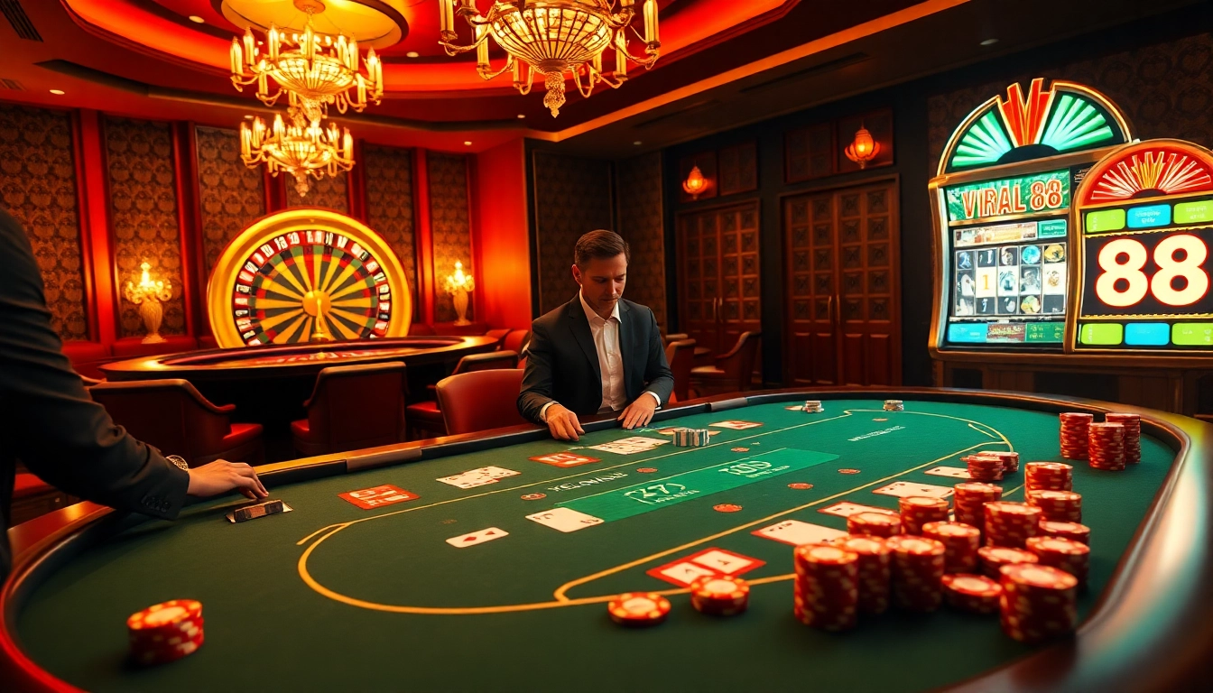 Experience the thrill of gambling at a luxurious casino with viral88-themed slot machines and tables.