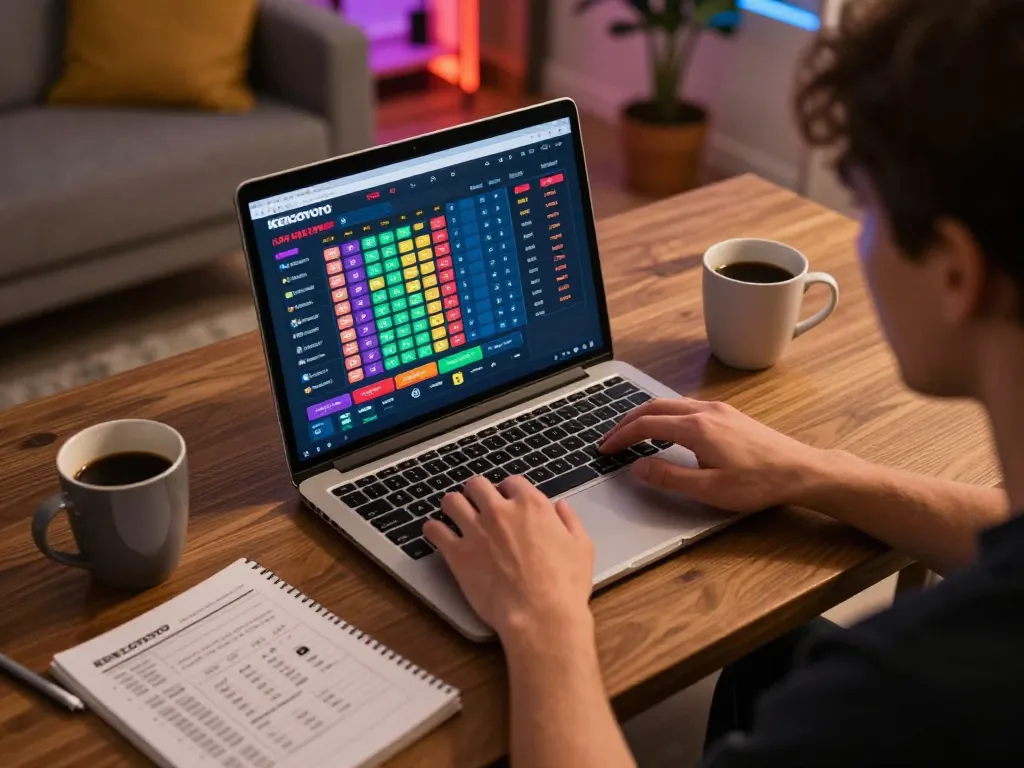 Pemain berinteraksi dengan login KENZOTOTO sambil menganalisis hasil lottery online di laptop
