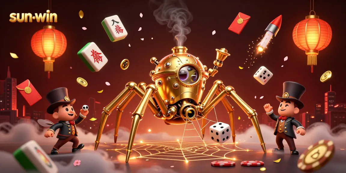 Experience thrilling gameplay at sun-win, featuring a whimsical scene of a steampunk spider and dice in a vibrant casino world.