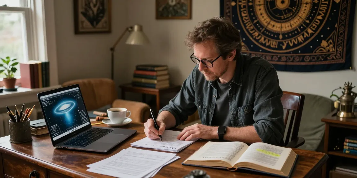 T Allen Greenfield writing at his desk surrounded by books on spirituality and UFO phenomena at https://tallengreenfield.com.