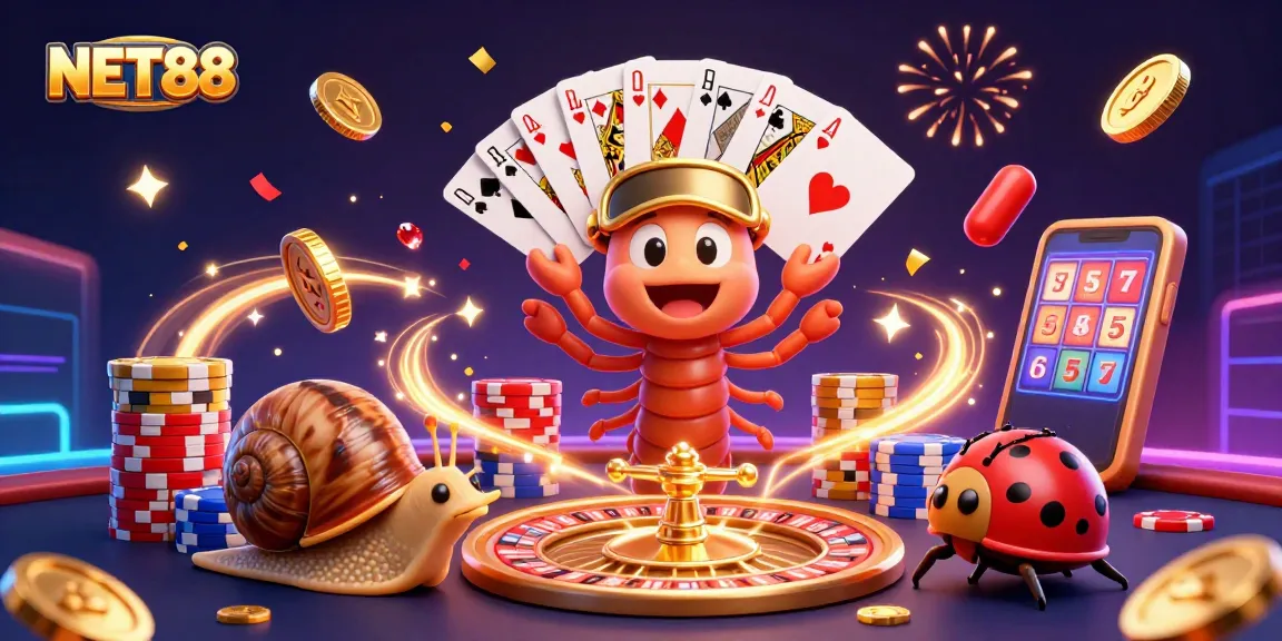 NET88 casino illustration showcasing a lively scene with a millipede dealer and casino excitement.