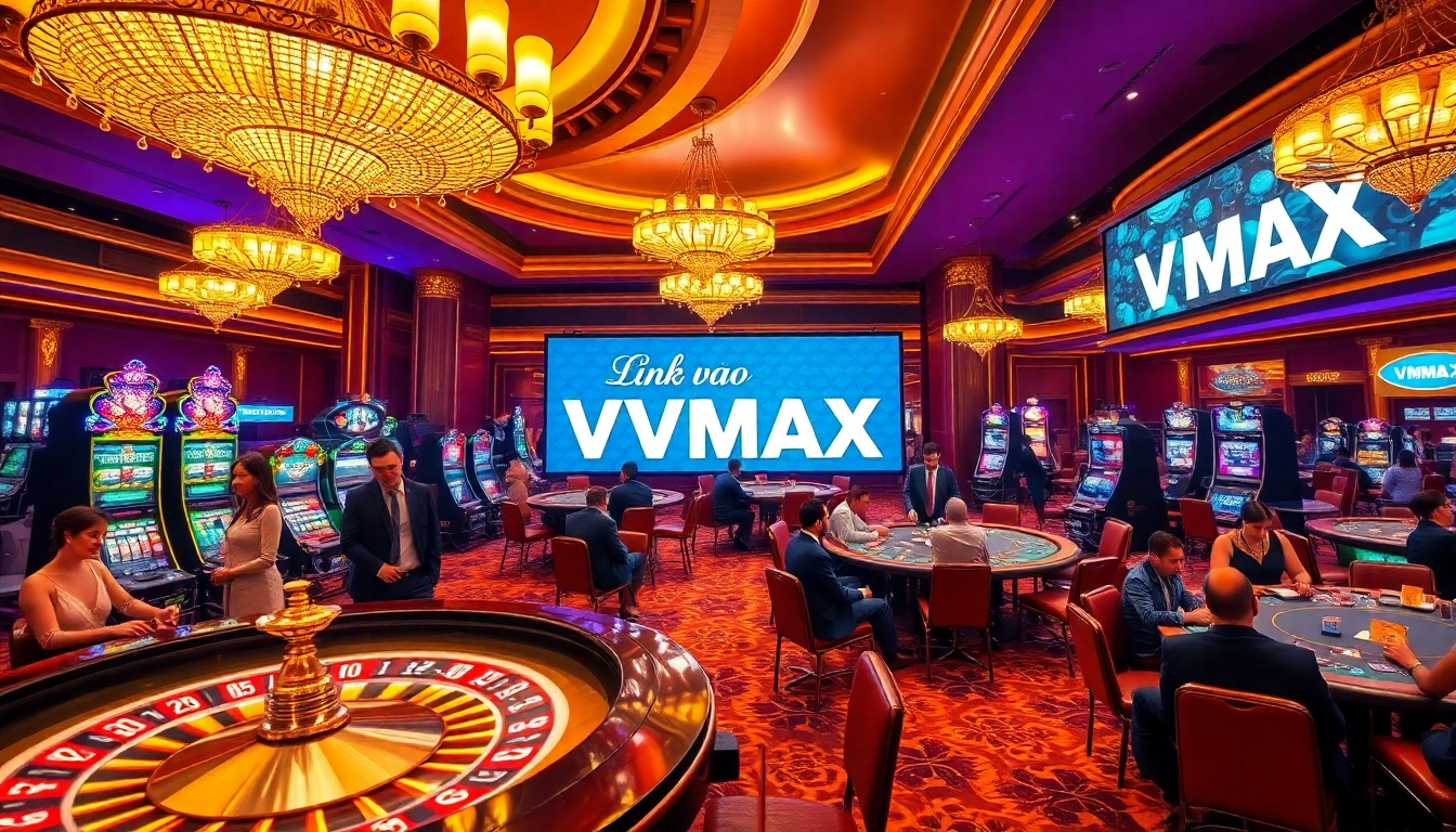 Experience high-stakes action at VMAX, with players enjoying thrilling games and the digital banner linking to site access.