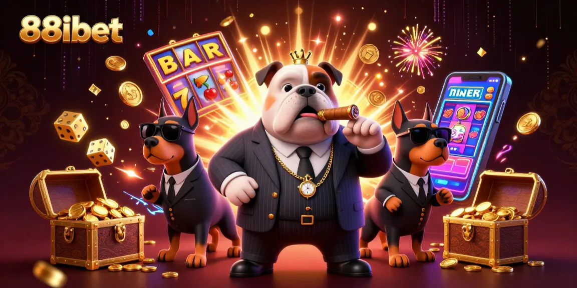 88ibet casino scene with a mafia bulldog and Doberman bodyguards amidst lively slot machine action.