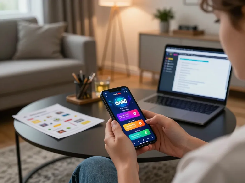 Enjoying dn88 online casino on a smartphone in a cozy living room atmosphere