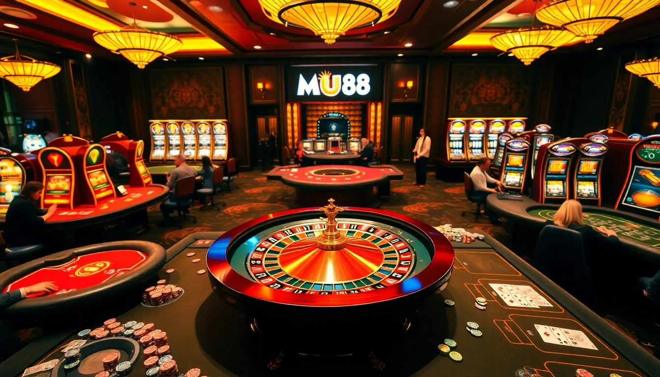 Experience the thrill of Mu88 casino with vibrant tables, roulette, and colorful chips.