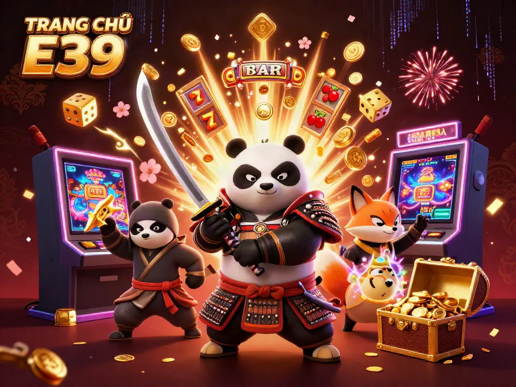 Win big on TRANG CHỦ E39 with an engaging illustration of a samurai panda, ninja fox, and tanuki in a vibrant casino environment.