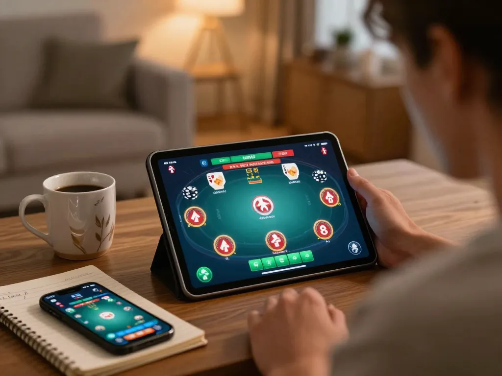 KONG88 player strategizing in an immersive online poker game on a tablet in a cozy home setting