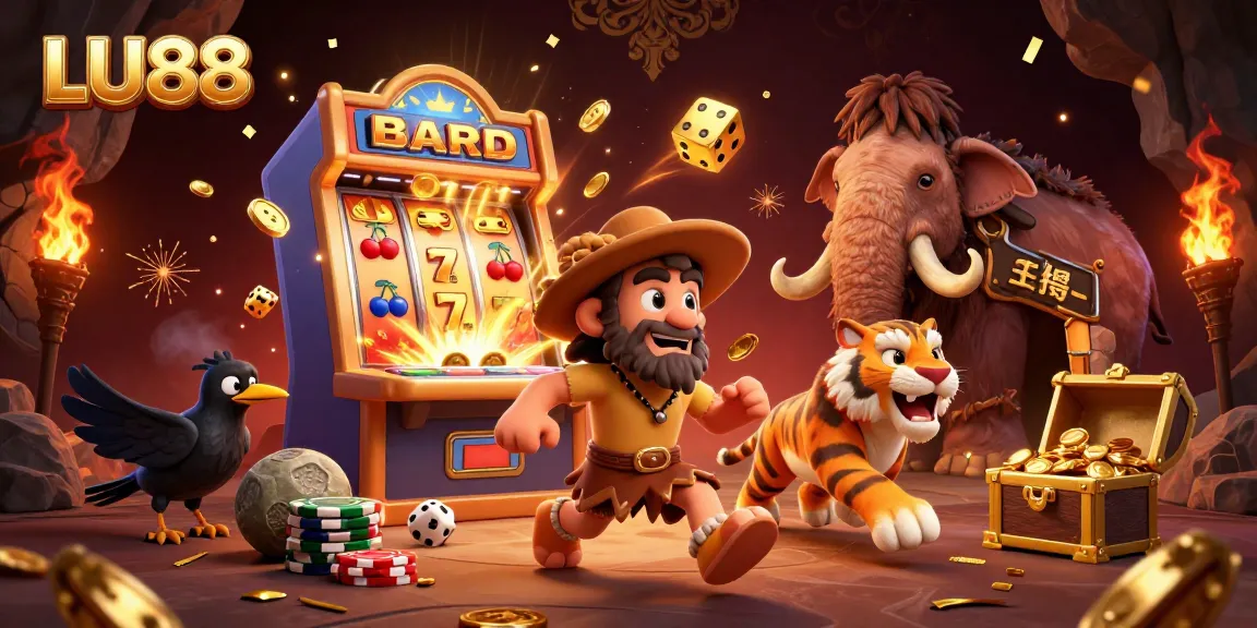Experience excitement with LU88 in this vibrant prehistoric casino scene filled with game elements.