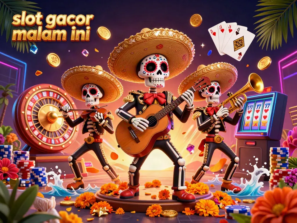 Experience the excitement of slot gacor malam ini with vibrant mariachi skeletons and dynamic casino elements.