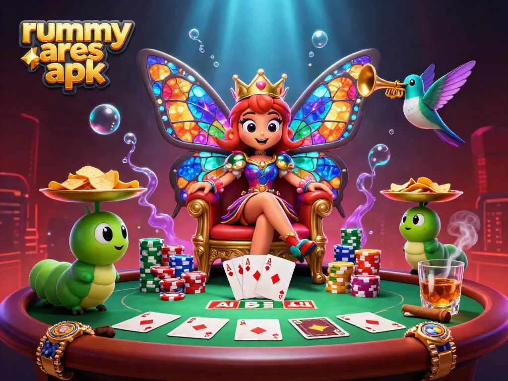 Win big with Rummy Ares APK, featuring a vibrant online gaming scene with dynamic card elements.