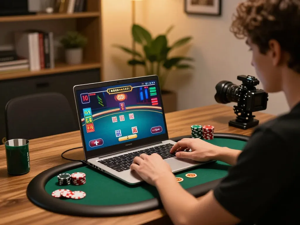 nk88 player engaging in online poker with gaming accessories on desk, showcasing immersive gaming atmosphere.