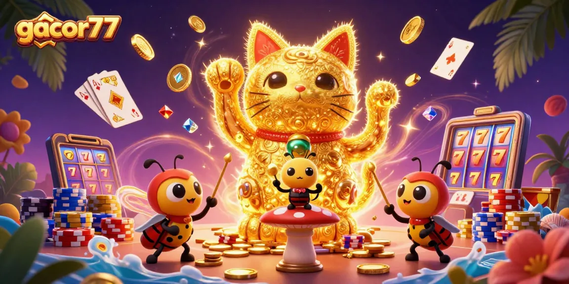Game gacor77 menampilkan karakter kucing keberuntungan dari lampu hias, dikelilingi koin emas dan chip poker.