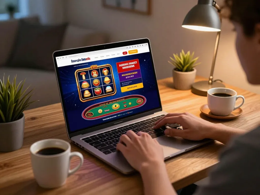 Engaging online gaming activity at energileisureparks featuring colorful casino games on a laptop