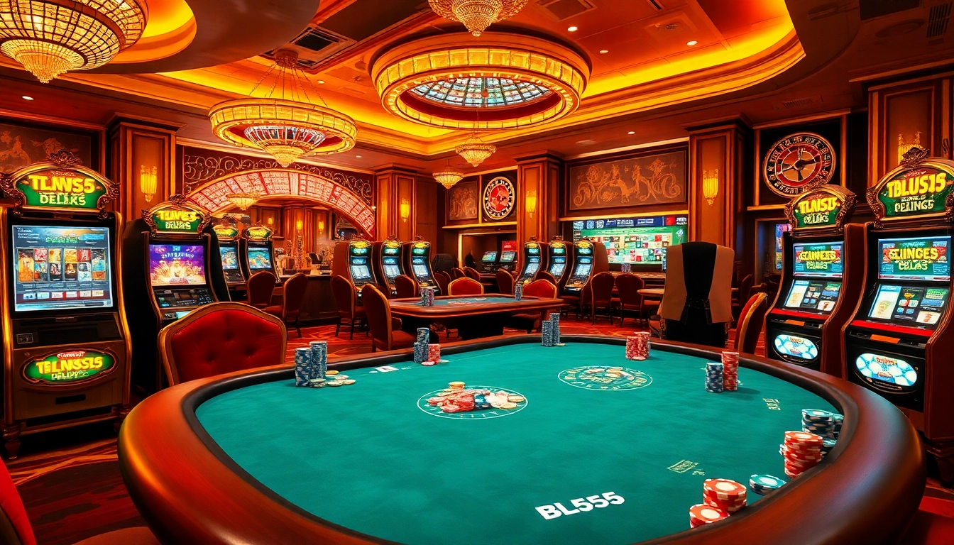 Engaging scene with Nhà cái BL555 featuring luxurious poker tables, vibrant slot machines, and excited players.