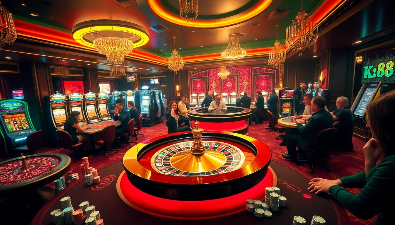Engaging kx8-themed casino scene with vibrant roulette and excited players