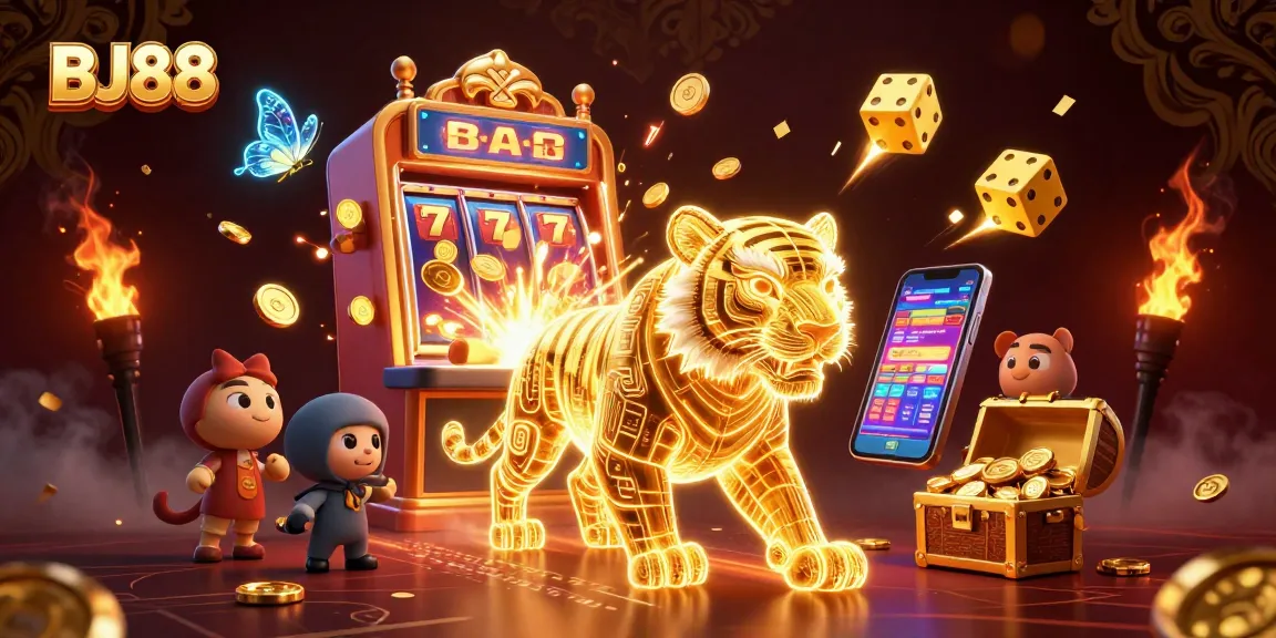 BJ88 golden tiger illuminates the digital casino while jackpot symbols burst around in a vibrant scene.