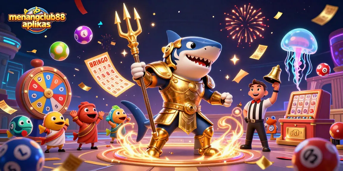 Engage with the vibrant world of menangclub88 aplikas as an armored shark trident-wields amidst colorful lottery elements.