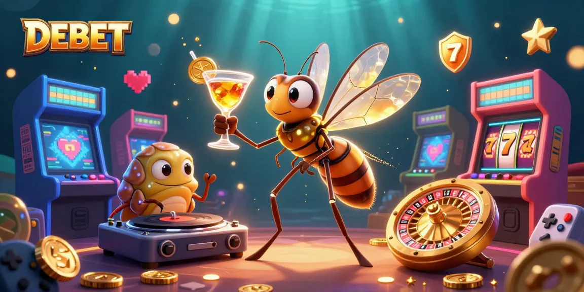 Engage with DEBET through colorful casino-inspired cartoon arcade characters and elements.