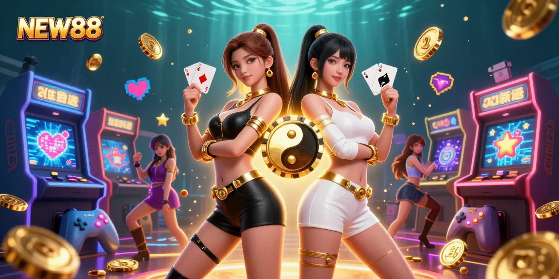 Experience the excitement at NEW88 with stunning twin Asian women showcasing casino action and vibrant visuals.