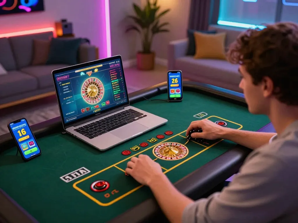Player enjoying a z16 online casino experience with live roulette on laptop in a stylish home setting.