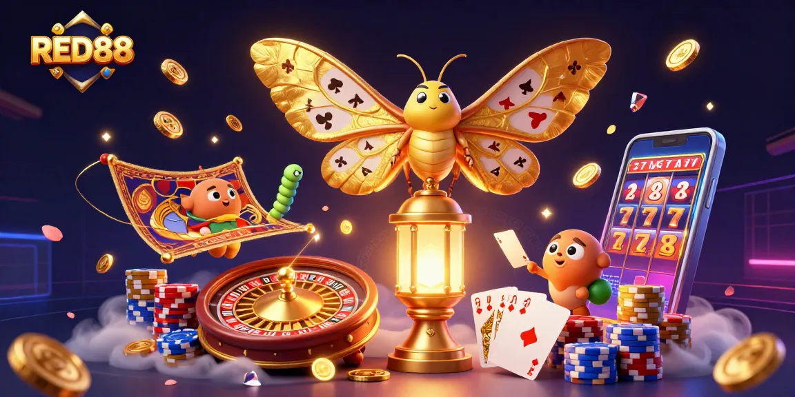 Experience the excitement of RED88 with a vivid 3D illustration filled with casino gems and action.