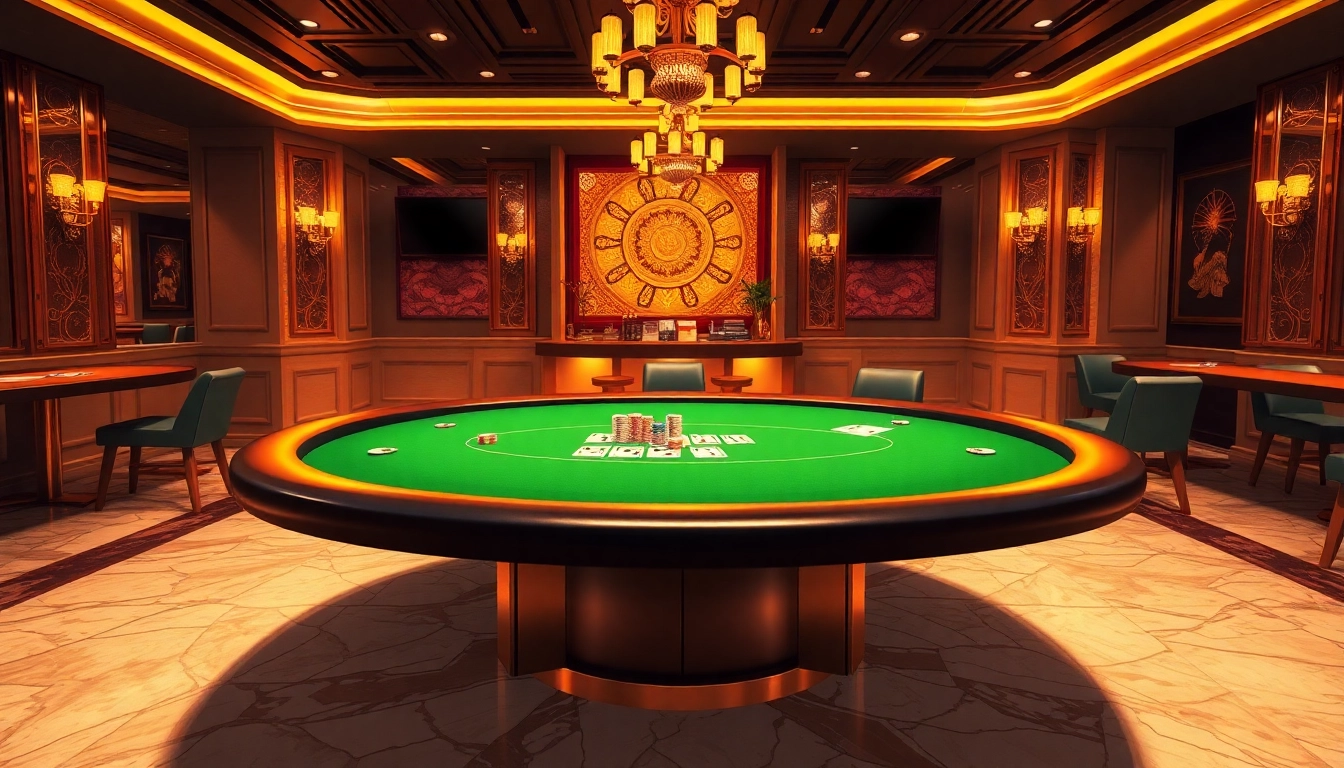 Menghadirkan Kenangan4D dengan suasana kasino yang glamor dan meja poker yang elegan.