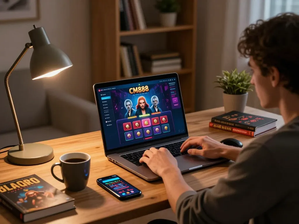 Engaging online casino experience at CM888 with player focused on gaming strategy and interface