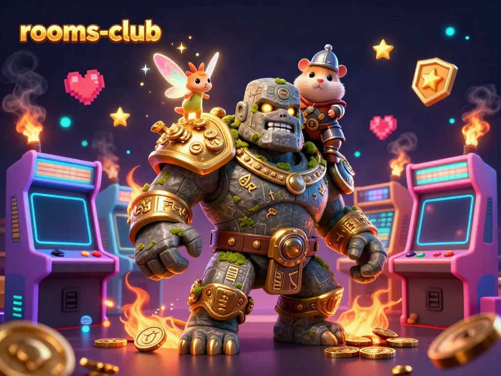 Permainan menarik di rooms-club dengan golem penjaga, peri, dan ksatria hamster yang siap bermain.