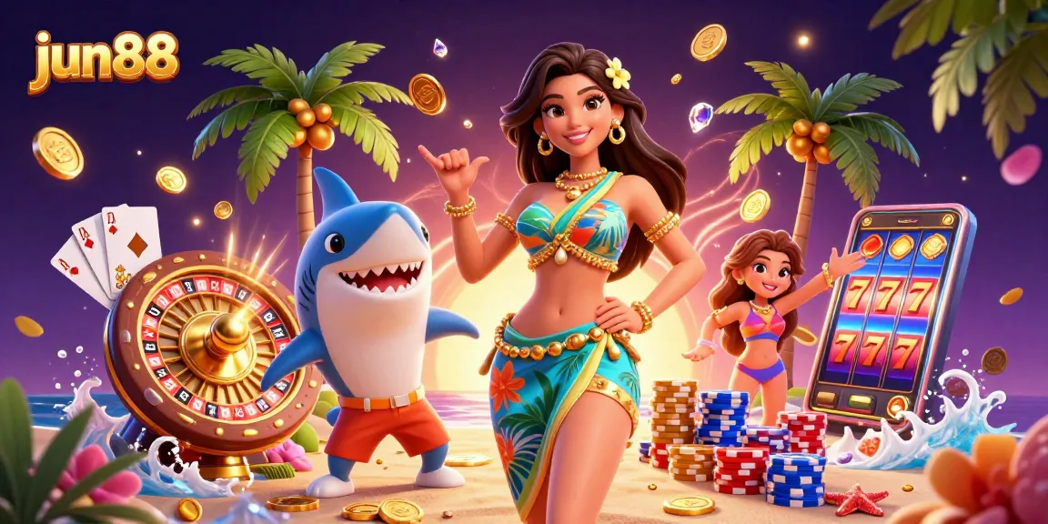 Experience excitement at jun88 with a glamorous beach goddess and a surfer shark amidst casino elements.