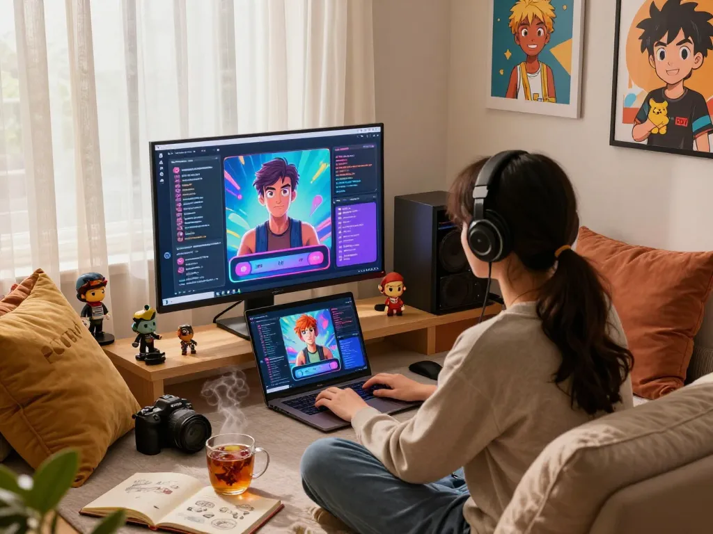 Engaging NSFW AI chat scene in a cozy gaming nook with animated interactions and warm lighting.