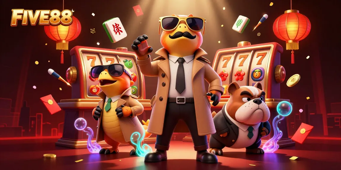 Three raptors in a trench coat try to enter the FIVE88 VIP casino lounge, featuring vibrant slot elements.