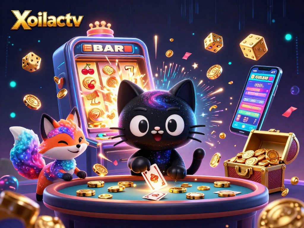 Xoilactv showcases a cosmic casino scene featuring a black hole cat and a nebula fox amidst flying casino symbols.