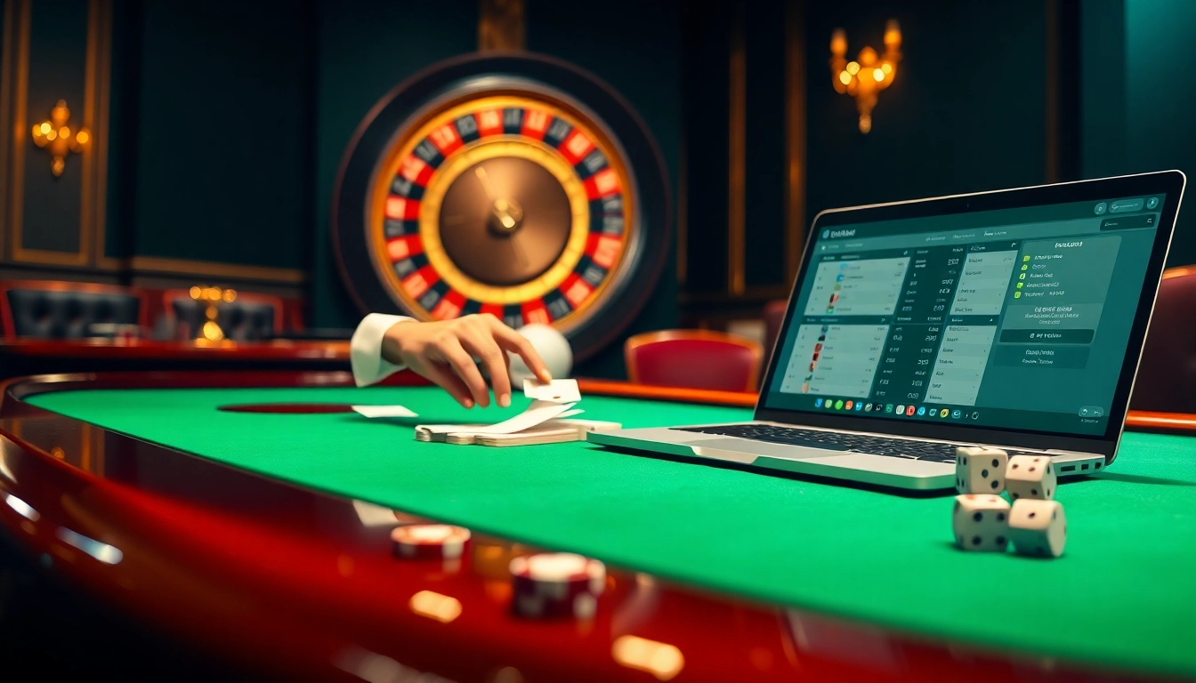 Betting Online Now with a vibrant casino theme featuring cards, chips, and laptop interface.