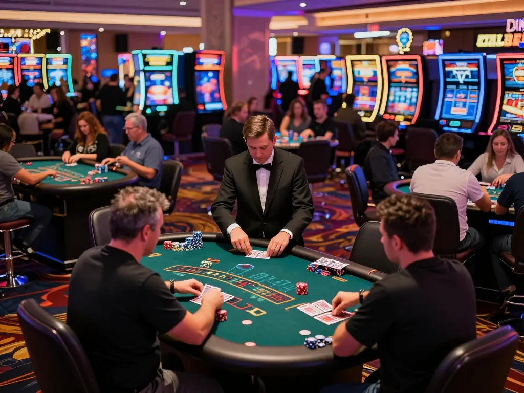 Players engaging in strategic betting at du88 blackjack tables in an exciting Las Vegas casino scene