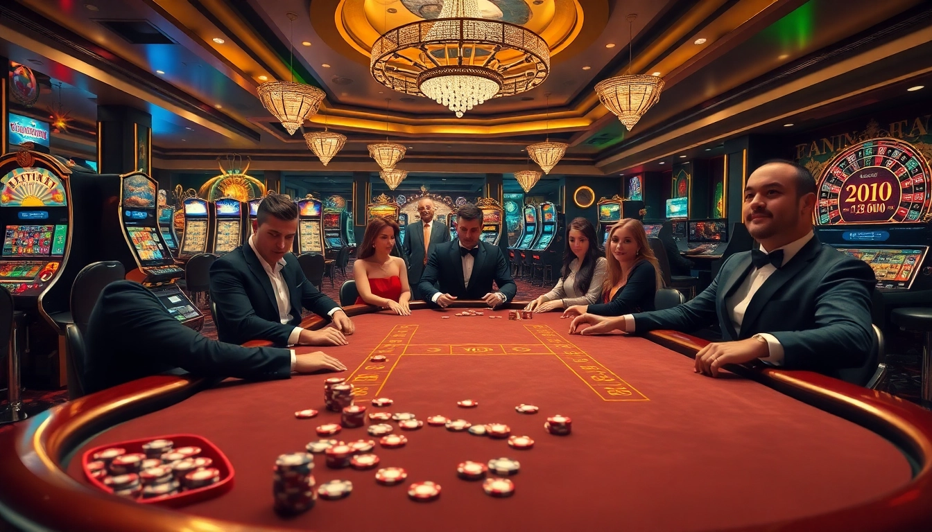 Players are engaged in an exciting poker game at M88 casino, showcasing vibrant casino elements and a luxurious ambiance.
