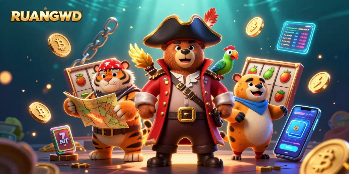 Engage in thrilling slot adventures with RUANGWD and vibrant casino elements surrounding 3D pirate characters.